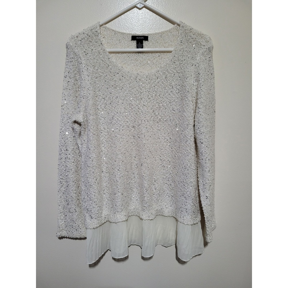 Alfani Sequin Knit Sweater‎ Women Large Ivory Pleated Hem Layered Glam